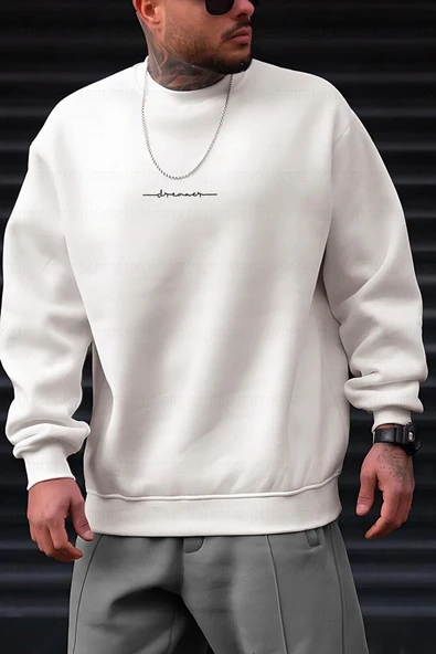 Erkek Kırık Beyaz Krem Ekru Dreamer Baskılı 0 Sıfır Yaka Oversize Salaş Bol Kesim Polar Sweatshirt ürün görseli 1