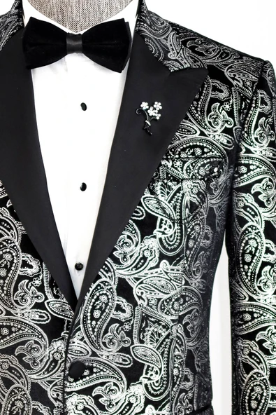 Gold Patterned Over Grey Men Prom Blazer - Wessi - Resim 2