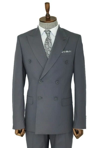 Geniş Sivri Yakalı Çizgili Desenli Slim Fit Gri Erkek Kruvaze Takım Elbise - Wessi ürün görseli 1