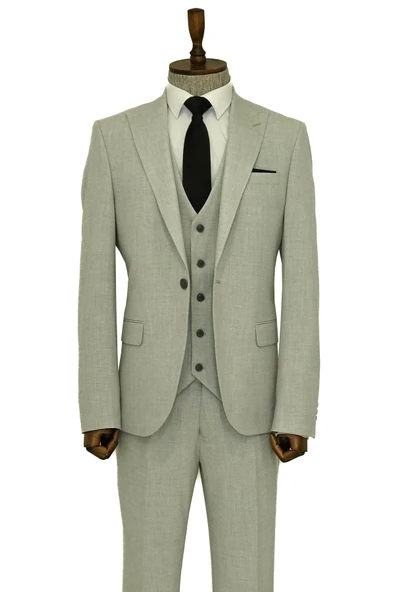 Tek Düğmeli Slim Fit Gri Yelekli Erkek Takım Elbise - Wessi ürün görseli 1