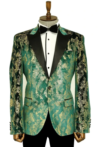 Dik Yaka Slim Fit Altın Desenli Yeşil Balo Ceket - Wessi ürün görseli 1