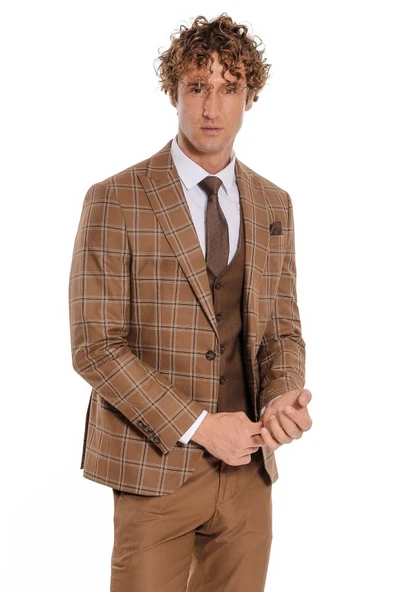 Ekose Ceketli Desenli Slim Fit Kahverengi Erkek Takım Elbise - Wessi ürün görseli 1