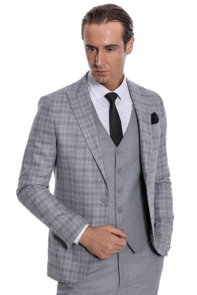 Ekose Ceketli Slim Fit Açık Gri Erkek Takım Elbise - Wessi ürün görseli 1