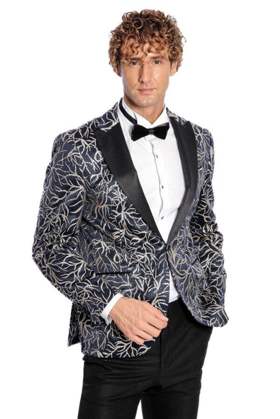 Işıltılı Sarmaşık Desenli Slim Fit Lacivert Erkek Smokin Ceket - Wessi ürün görseli 1