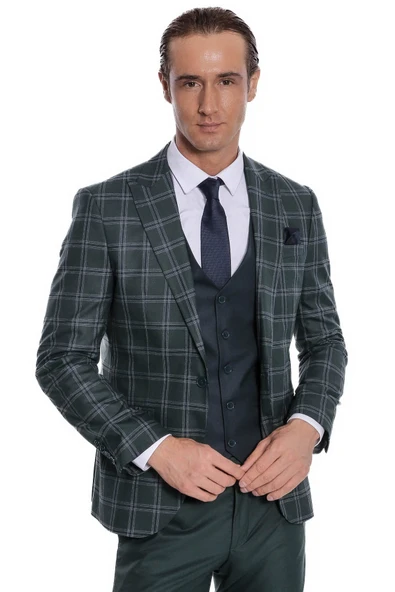 Ekose Ceketli Desenli Slim Fit Yeşil Erkek Takım Elbise - Wessi ürün görseli 1