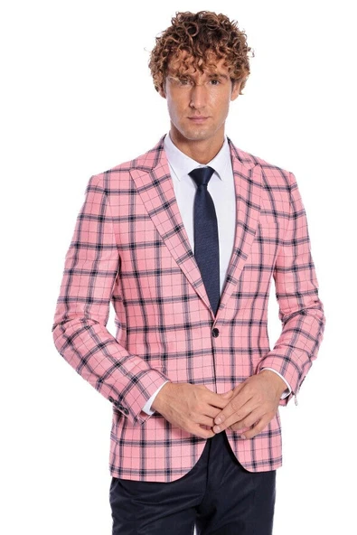 Ekose Desenli Slim Fit Pembe Erkek Ceket - Wessi ürün görseli 1