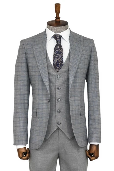 Ekose Ceketli Slim Fit Gri Erkek Takım Elbise - Wessi ürün görseli 1