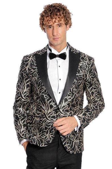 Işıltılı Sarmaşık Desenli Slim Fit Siyah Erkek Smokin Ceket - Wessi ürün görseli 1
