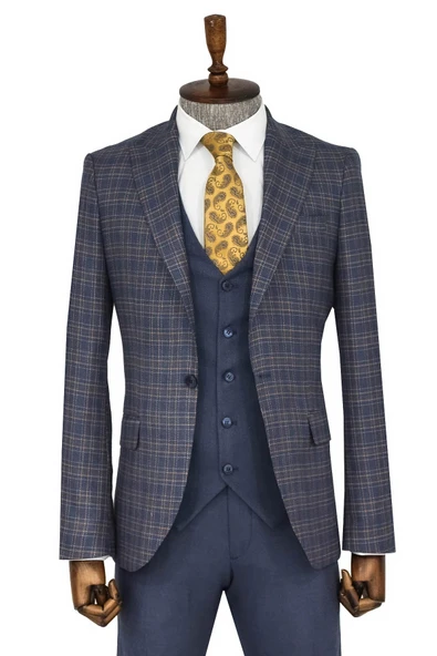Ekose Ceketli Slim Fit Mavi Erkek Takım Elbise - Wessi ürün görseli 1