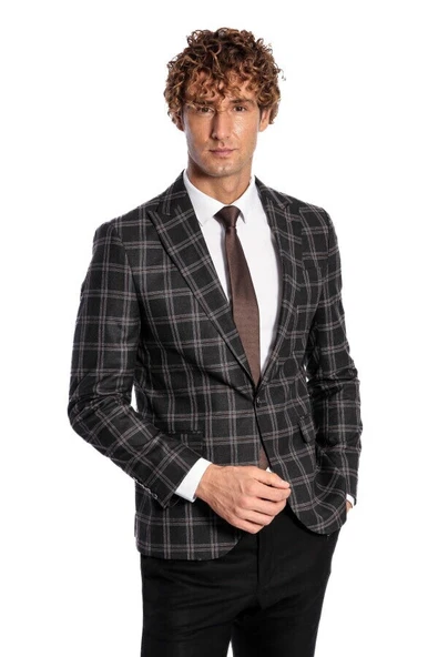 Slim Fit Sivri Yaka Siyah Erkek Ceket - Wessi ürün görseli 1
