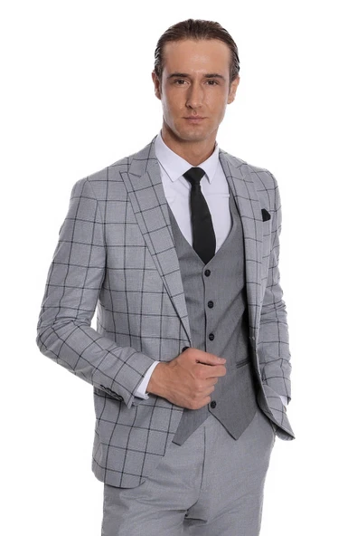 Ekose Ceketli Desenli Slim Fit Gri Erkek Takım Elbise - Wessi ürün görseli 1