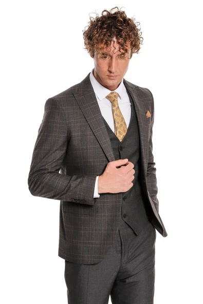 Ekose Ceketli Slim Fit Füme Erkek Takım Elbise - Wessi ürün görseli 1