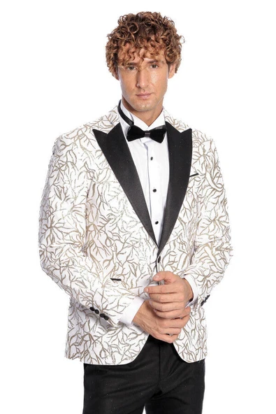Işıltılı Sarmaşık Desenli Slim Fit Beyaz Erkek Smokin Ceket - Wessi ürün görseli 1