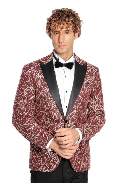 Işıltılı Sarmaşık Desenli Slim Fit Bordo Erkek Smokin Ceket - Wessi ürün görseli 1