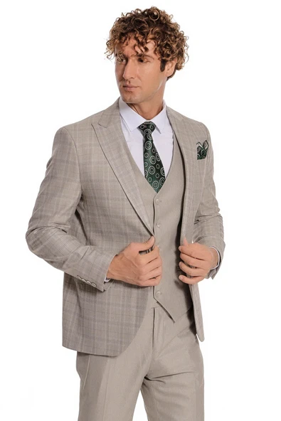 Ekose Ceketli Slim Fit Krem Erkek Takım Elbise - Wessi ürün görseli 1