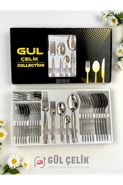 Gül Çelik 30 Parça 6 Kişilik Çatal Kaşık Seti Hasır Model Kutulu ürün görseli 1