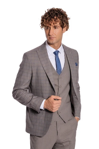 Ekose Ceketli Slim Fit Açık Kahve Erkek Takım Elbise - Wessi ürün görseli 1