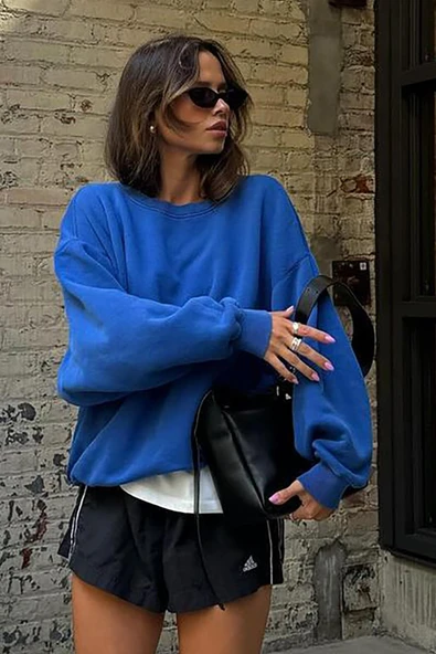 Madmext Saks Bisiklet Yaka Basic Sweatshirt MG1559 - Resim 4