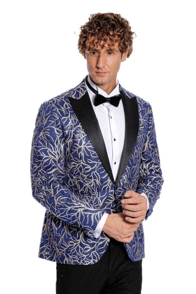 Işıltılı Sarmaşık Desenli Slim Fit Mavi Erkek Smokin Ceket - Wessi ürün görseli 1