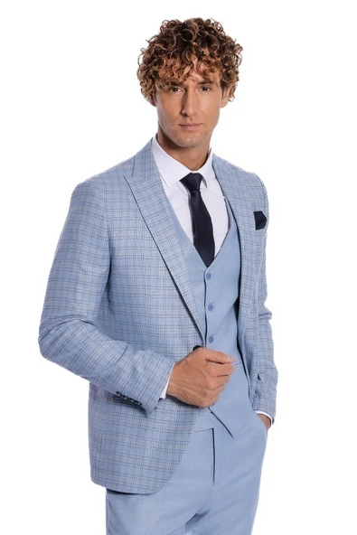 Ekose Ceketli Slim Fit Açık Mavi Erkek Takım Elbise - Wessi ürün görseli 1