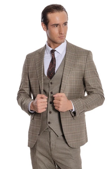 Ekose Ceketli Slim Fit Kahverengi Erkek Takım Elbise - Wessi ürün görseli 1