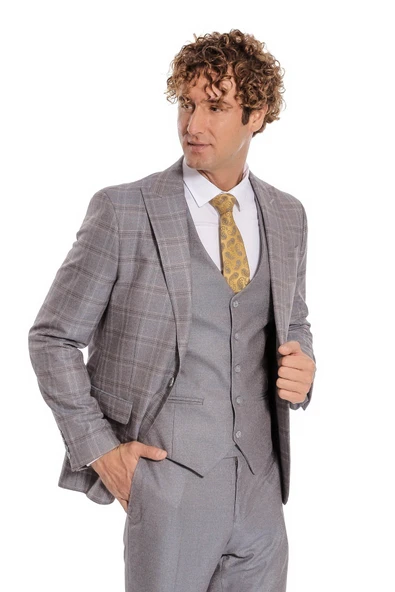 Ekose Ceketli Slim Fit Açık Mavi Erkek Takım Elbise - Wessi ürün görseli 1