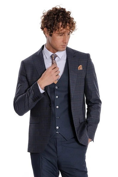 Ekose Ceketli Slim Fit Lacivert Erkek Takım Elbise - Wessi ürün görseli 1