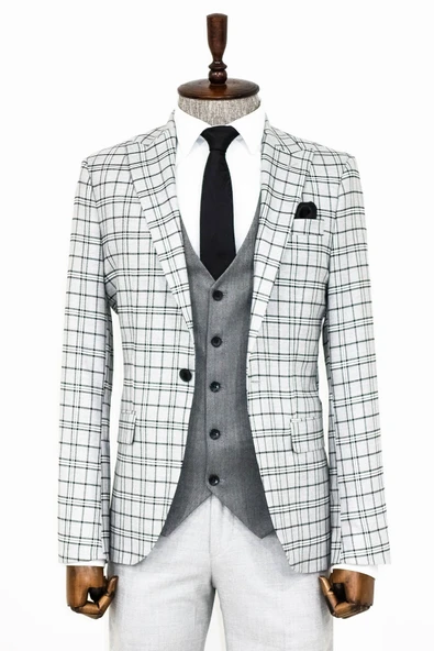Gri Yelekli Slim Fit Ekose Açık Gri Erkek Takım Elbise - Wessi ürün görseli 1