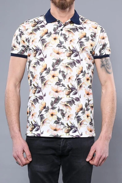 Polo Yaka Turuncu Çiçek Desenli T-shirt - Wessi ürün görseli 1