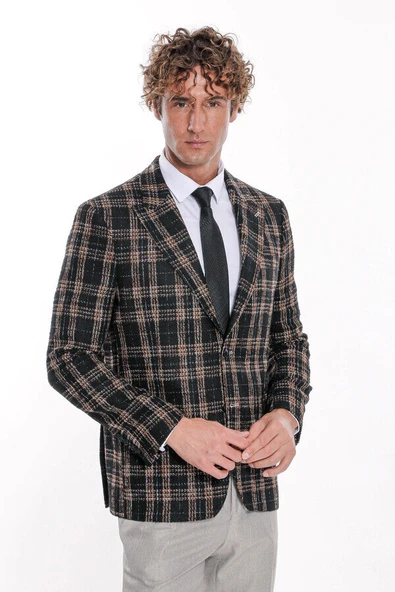 Ekose Desen Slim Fit Siyah Erkek Ceket - Wessi ürün görseli 1
