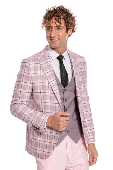 Ekose Ceketli Slim Fit Pembe Erkek Takım Elbise - Wessi ürün görseli 1