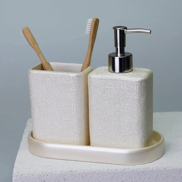 By Selim Linen İnci 5 Parça Polyester Banyo Seti - Resim 2