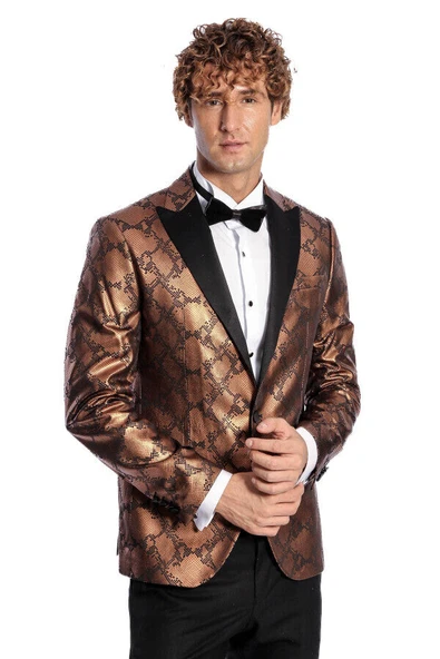 Desenli Slim Fit Kahverengi Erkek Smokin Ceket - Wessi ürün görseli 1