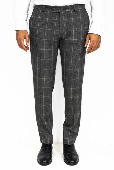 Kare Desenli Slim Fit Füme Erkek Pantolon - Wessi ürün görseli 1