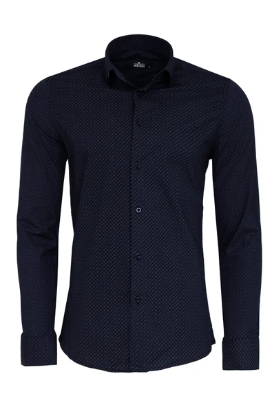 Koyu Lacivert Mini Kare Desenli Slim Fit Gömlek - Wessi ürün görseli 1
