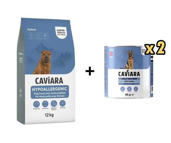 Caviara Hipalerjenic Somonlu Ve Pirinçli Büyük Irk Köpek Maması 12 Kg + 2 Adet Caviara Sos İçinde Et Parçacıklı Kuzu Etli Yetişkin Köpek Konservesi 415 Gr ürün görseli 1