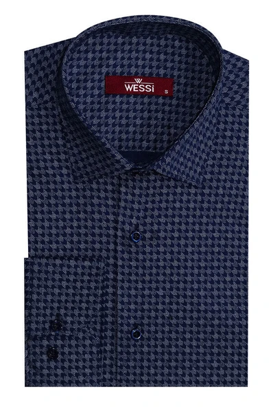 Kaz Ayağı Desenli Slim Fit Lacivert Erkek Gömlek - Wessi ürün görseli 1