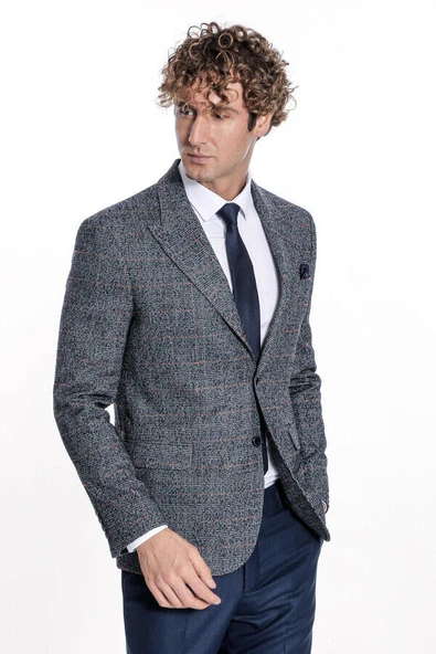 Ekose Desen Slim Fit Lacivert Erkek Ceket - Wessi ürün görseli 1
