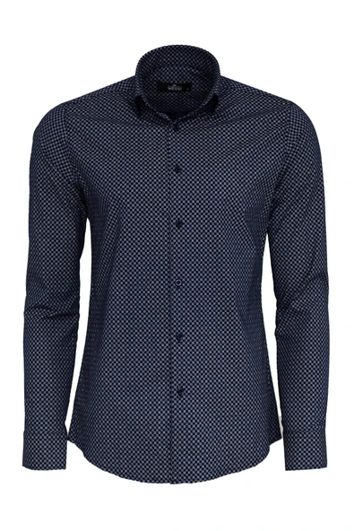 Mini Kare Desenli Slim Fit Mavi Erkek Gömlek - Wessi ürün görseli 1