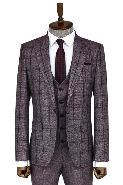 Slim Fit Ekose Bordo Erkek Takım Elbise - Wessi ürün görseli 1