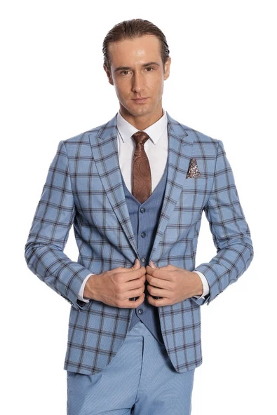 Ekose Ceketli Desenli Slim Fit Mavi Erkek Takım Elbise - Wessi ürün görseli 1