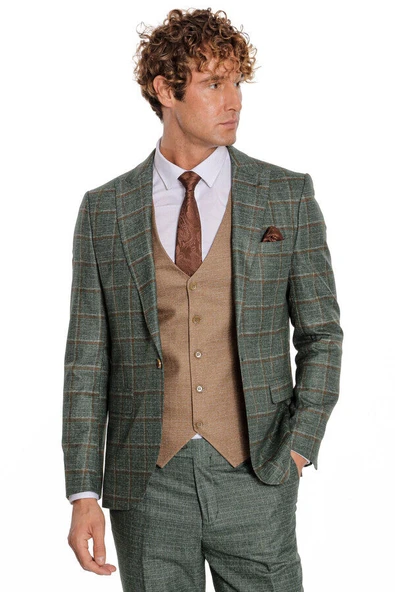 Ekose Ceketli Slim Fit Yeşil Erkek Takım Elbise - Wessi ürün görseli 1