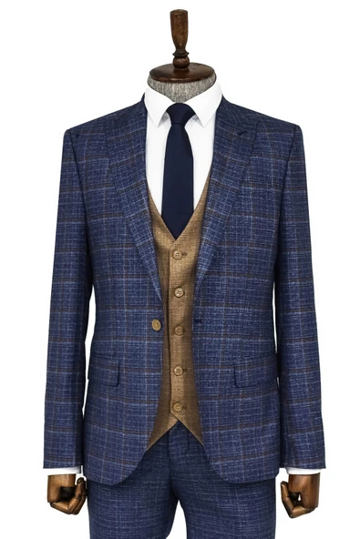 Ekose Ceketli Slim Fit Lacivert Erkek Takım Elbise - Wessi ürün görseli 1