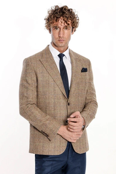 Balıksırtı Desen Slim Fit Yün Taba Erkek Ceket - Wessi ürün görseli 1