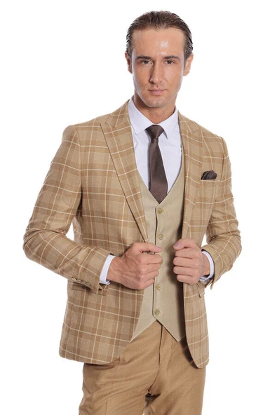 Ekose Ceketli Slim Fit Bej Erkek Takım Elbise - Wessi ürün görseli 1