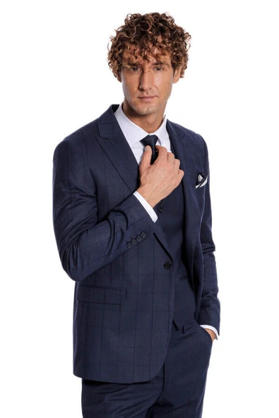 Ekose Desenli Yelekli Slim Fit Lacivert Erkek Takım Elbise - Wessi ürün görseli 1