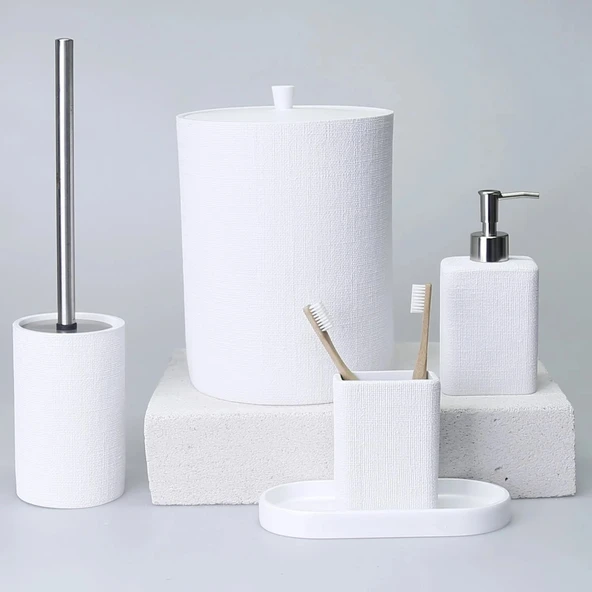 By Selim Linen Beyaz 5 Parça Polyester Banyo Seti ürün görseli 1