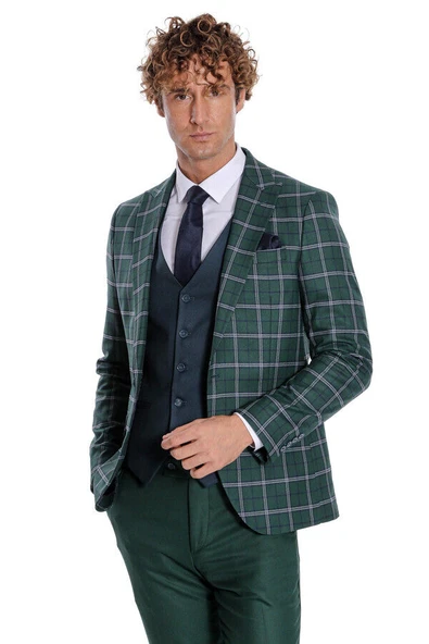 Mavi Yelekli Slim Fit Ekose Yeşil Erkek Takım Elbise - Wessi ürün görseli 1