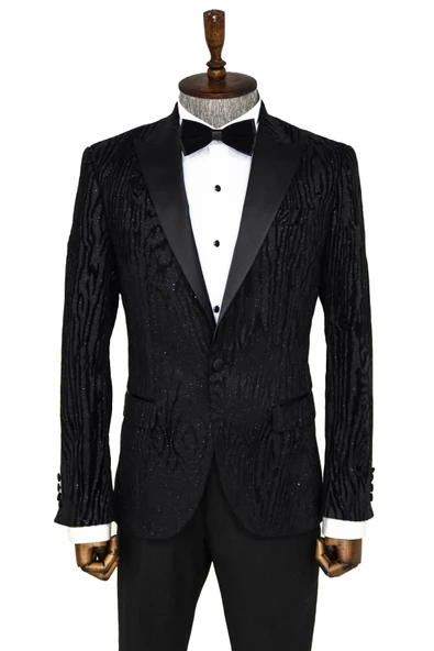 Slim Fit Zebra Desen Siyah Erkek Smokin Ceketi - Wessi ürün görseli 1