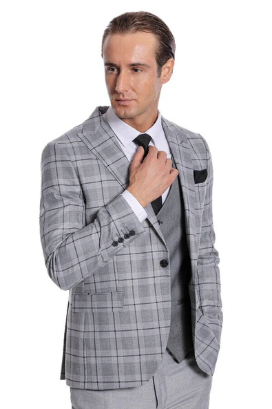 Ekose Ceketli Slim Fit Gri Erkek Takım Elbise - Wessi ürün görseli 1
